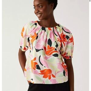 Marks & Spencer Multicolor Linen Floral Puff Sleeve Blouse